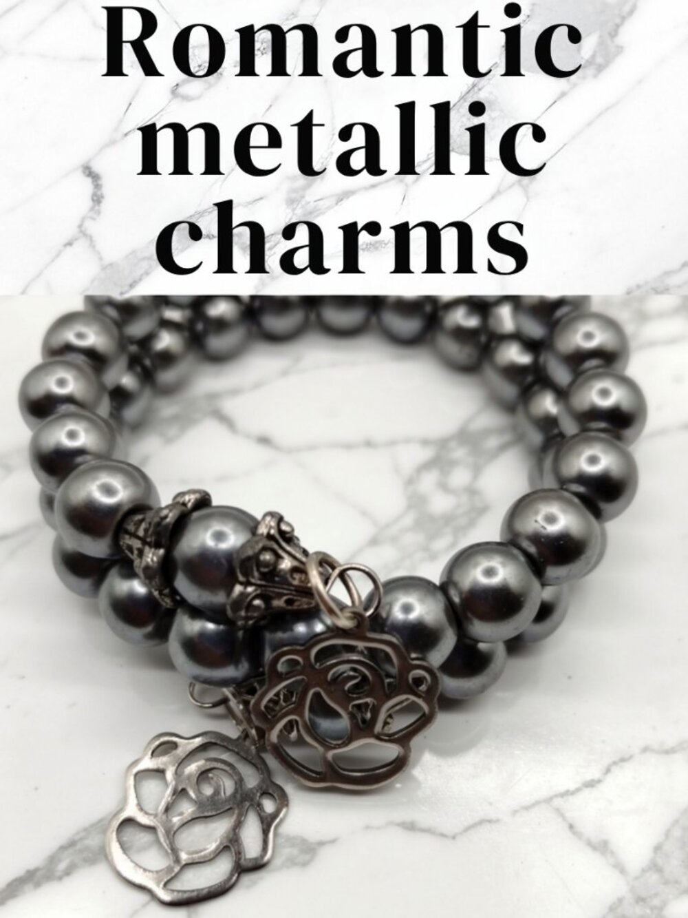 Handmade Gray Pearl Double Strand Bracelet Set with Rose Charms | 6 Inch Stretch